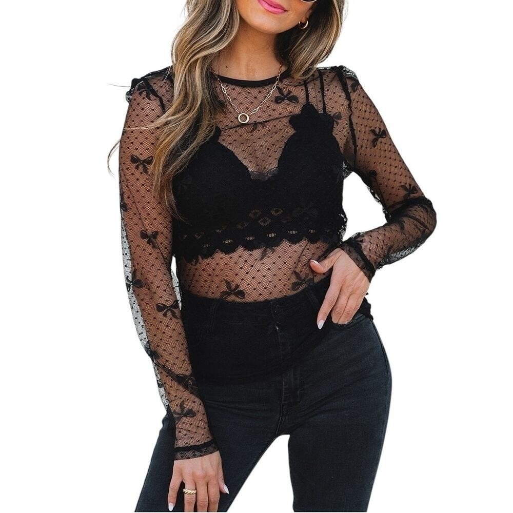 Black Bow Pattern Accent Mesh Long Sleeve Top New Size X-Large